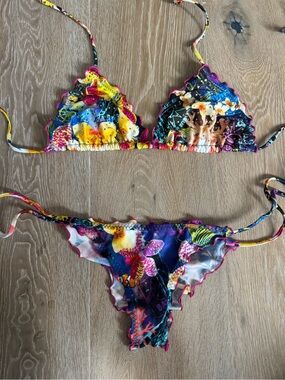 Luli Fama Crystallized Bikini Lettuce Edge size XS bottom M Top